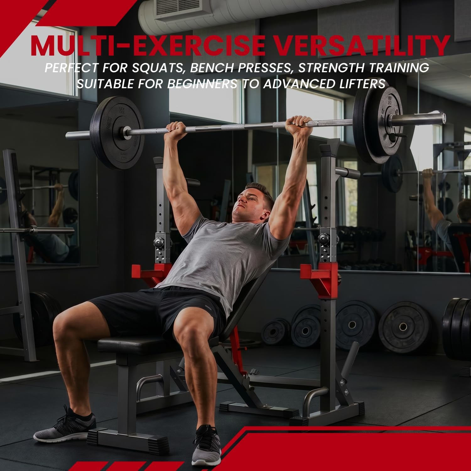 YYJO Adjustable Squat Rack | 550 LBS Heavy Duty, 8 Height & 10 Width Levels, 6-Position Safety Bumper, Home Gym Weight Lifting Stand, Strength Training - Image 8