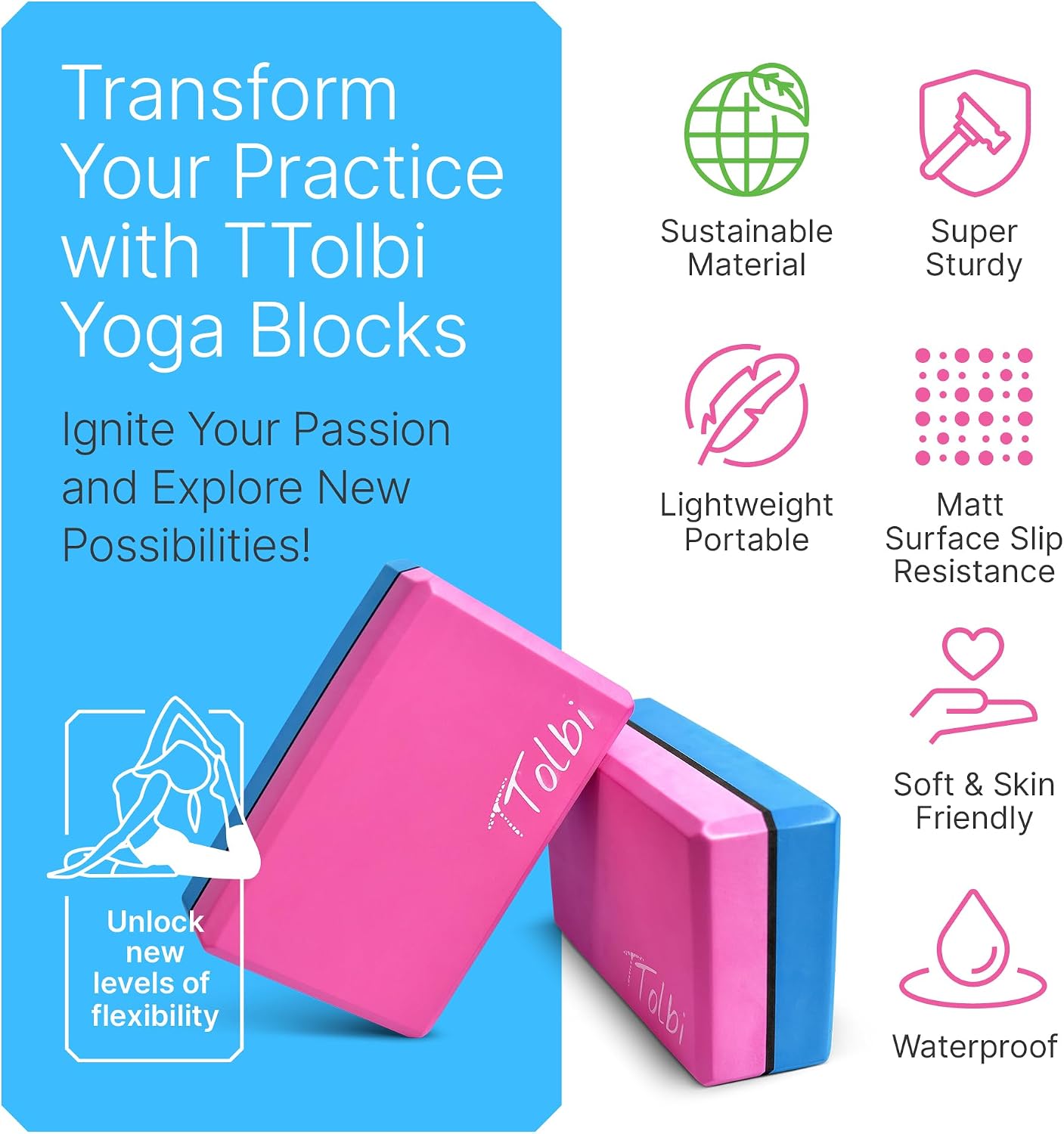 TTolbi Yoga Starter Kit - Yoga Blocks 2 Pack, Strap & 2 Knee Pad Cushions | Non-Slip EVA Foam Equipment for Stretching, Flexibility & Joint Comfort | Home Pilates Set for Beginners, Women & Men - Image 3