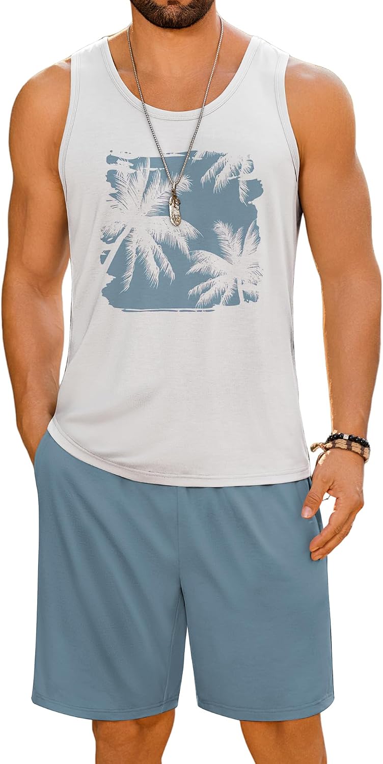 LecGee Men's Hawaiian Sleeveless Tracksuit Summer Tank top & Shorts set Aloha Tropical Two Piece Casual Daily Beach