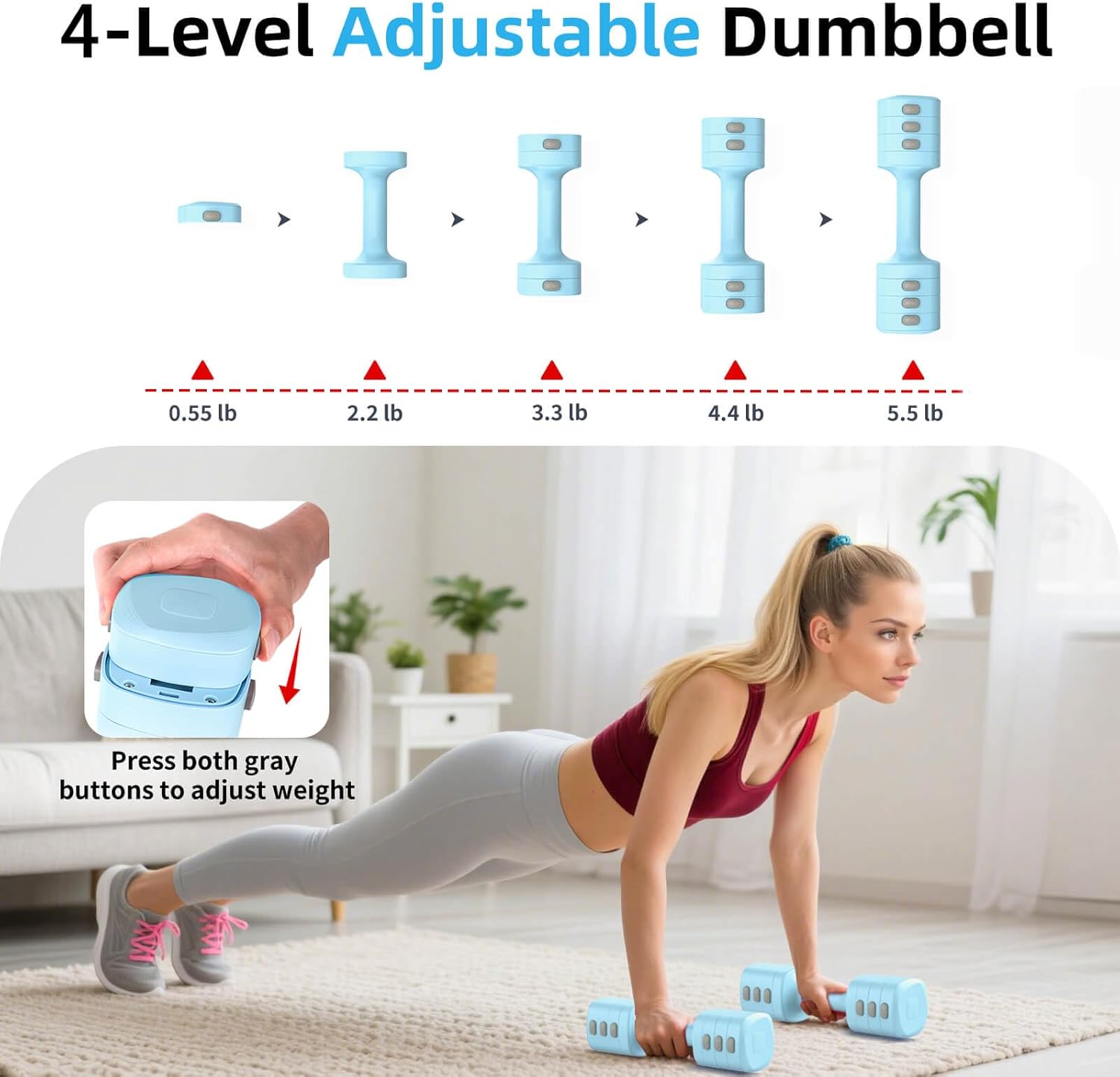 2-in-1 Adjustable Dumbbell Set, Upgraded 4 Levels Hand Weights for Women Men, Each 2.2/3.3/4.4/5.5lb, Convertible Weights Dumbbells and Kettlebell Set for Home Gym Exercise & Fitness - Image 3