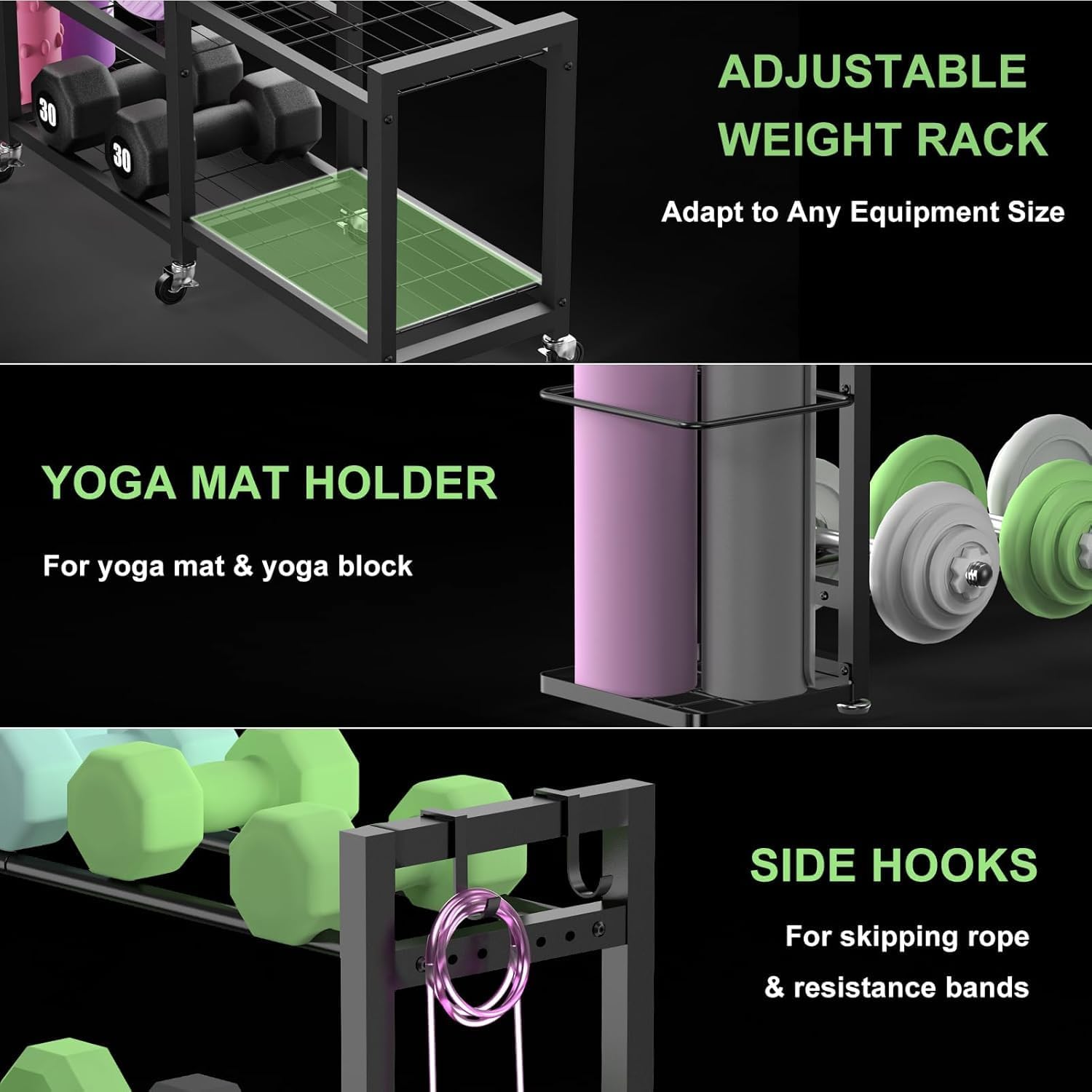 6-Tier Multi-Functional Home Gym Storage Rack with Wheels and Hooks, Adjustable Weight Rack for Dumbbells Kettlebells Yoga Mat and Balls, Space Saving Workout Equipment Storage Organizer - Image 4