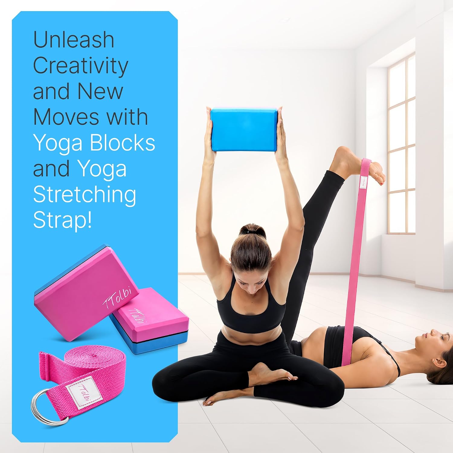 TTolbi Yoga Starter Kit - Yoga Blocks 2 Pack, Strap & 2 Knee Pad Cushions | Non-Slip EVA Foam Equipment for Stretching, Flexibility & Joint Comfort | Home Pilates Set for Beginners, Women & Men - Image 4