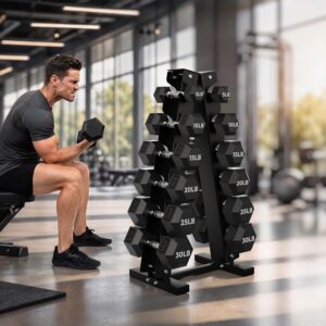 HANDBODE Rubber Coated Hex Dumbbell Set with A-Frame Rack, 100 lb – 600 lb Multiple Options Weight, Hexagon Non-Rolling Shape, Ergonomic Knurled Handle, Home Gym Equipment for Strength Training