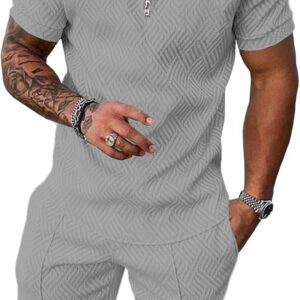 Mens Short Sets 2 Piece Outfits Summer Fashion Quarter Zip Polo & Athletic Shorts Retro Textured Vacation Tracksuit