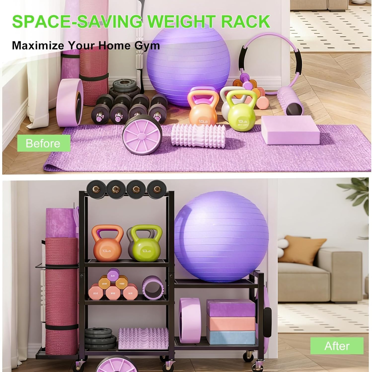 6-Tier Multi-Functional Home Gym Storage Rack with Wheels and Hooks, Adjustable Weight Rack for Dumbbells Kettlebells Yoga Mat and Balls, Space Saving Workout Equipment Storage Organizer - Image 8