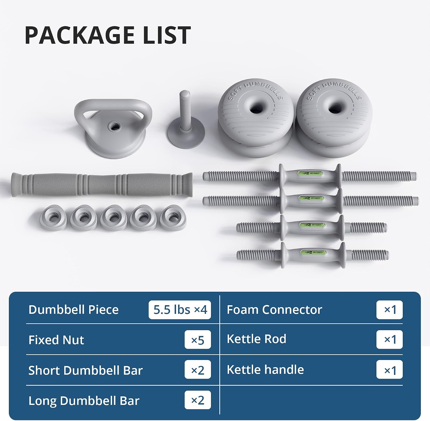 RYGEO Adjustable Dumbbell Set 22lb/44lb/66lb/80lbs Free Weights and Connector, Convert to Barbell, Kettlebells, All Floor Friendly Soft-shell Dumbbells, Home Gym Fitness for Men Women - Image 5
