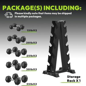 HANDBODE Rubber Coated Hex Dumbbell Set with A-Frame Rack, 100 lb – 600 lb Multiple Options Weight, Hexagon Non-Rolling Shape, Ergonomic Knurled Handle, Home Gym Equipment for Strength Training