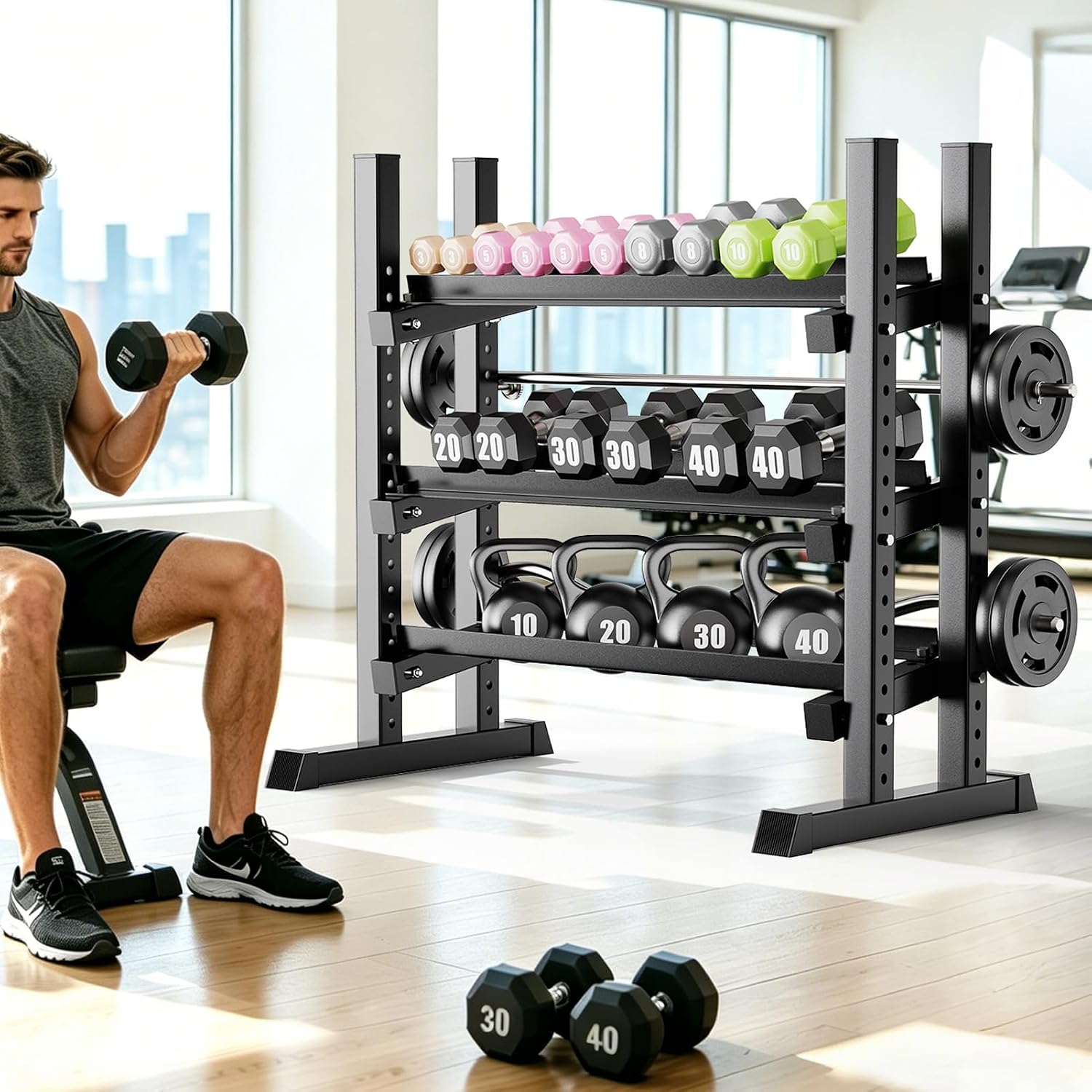 3-Tier Adjustable Dumbbell Rack, Heavy-Duty Weight Rack for Home Gym, Space-Saving Weight Storage Rack for Dumbbells, Kettlebells, Barbells & Plates (Rack Only) - Image 2