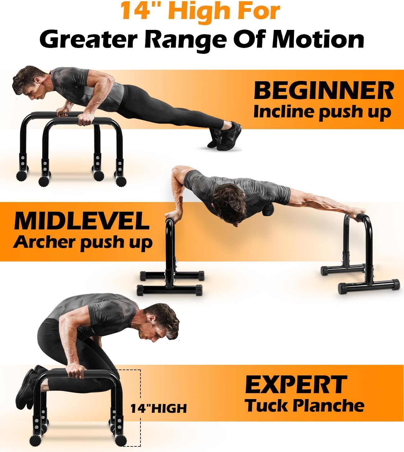 TABEKE Push Up Bar, 14'' High Steel Parallettes & Dip Bar with Full Coverage Foam Handle, Heavy-Duty Calisthenics Parallel Bars for L-Sit, Dips, Home Gym Strength Training Workout - Image 4