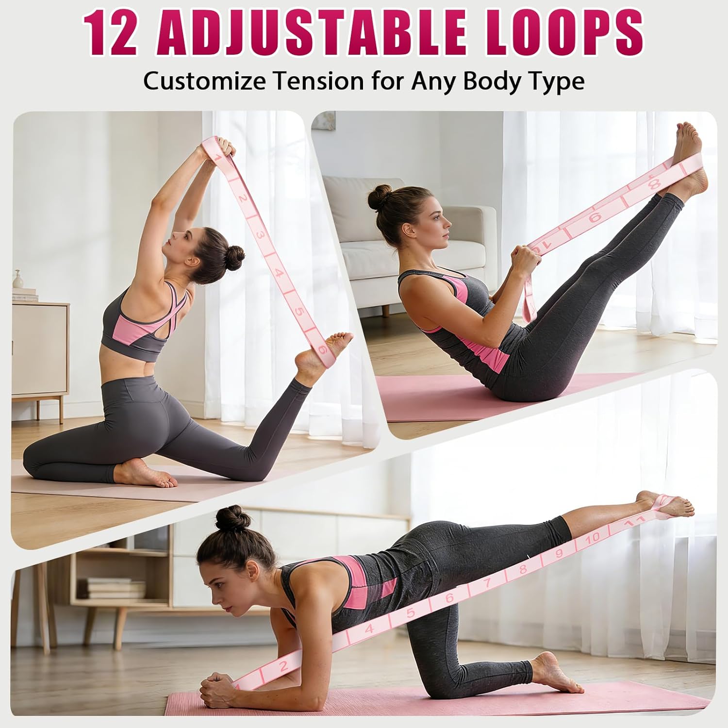 KUZARO Fitness Resistance Bands with 12 Loops, Numbered Resistance Bands for Physical Therapy, Women Stretch Strap for Home Gym, Elastic Exercise Bands for Yoga, Pilates, Leg Stretching, Dance - Image 6