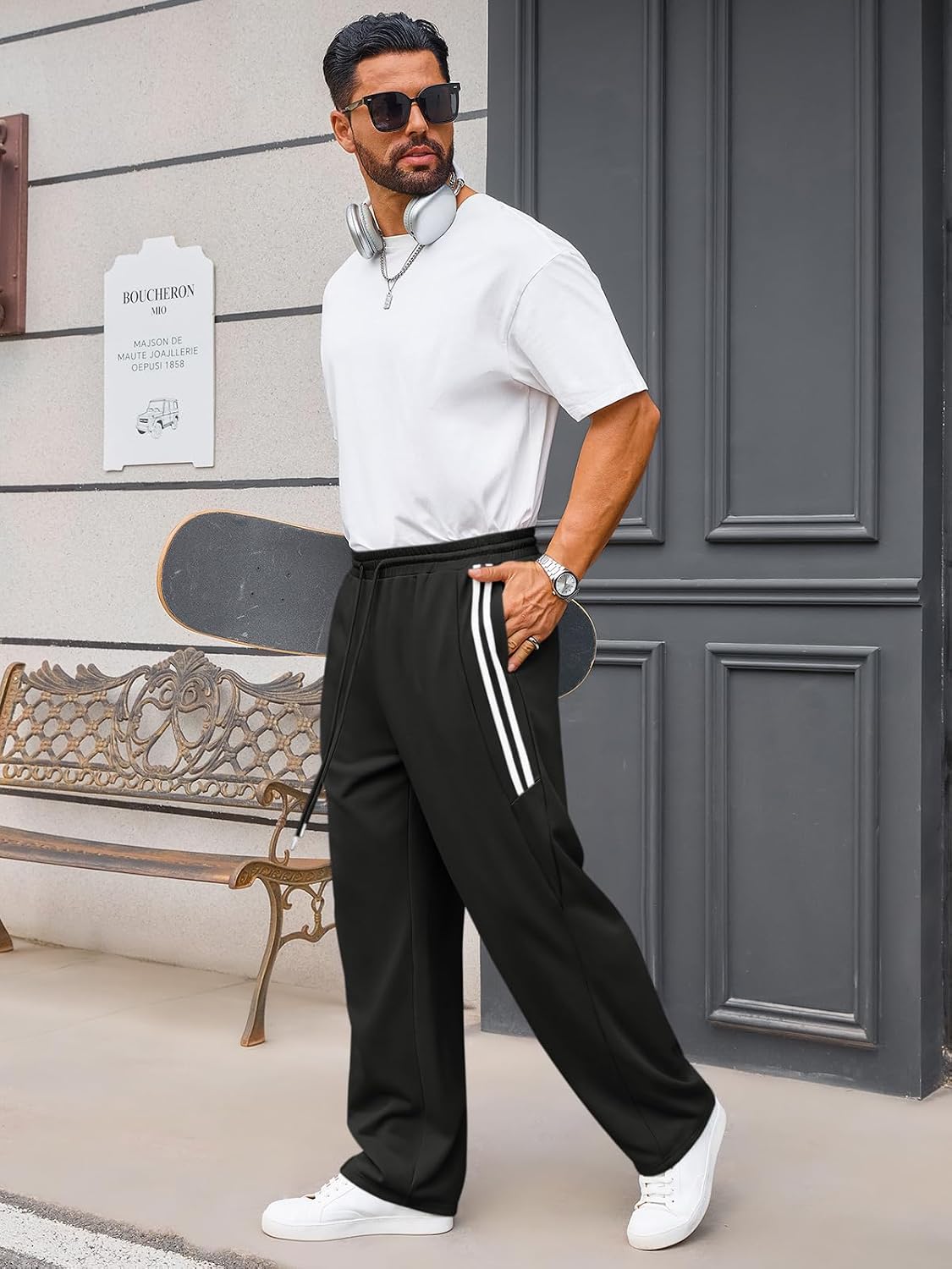 Runcati Mens Baggy Sweatpants Wide Leg Open Bottom Drawstring Elastic Waist Striped Trousers Workout Y2K Track Pants - Image 5