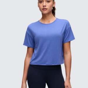 CRZ YOGA Open Back Short Sleeve Crop Top for Women Loose Athletic Yoga Workout Shirts Casual Cropped T-Shirts