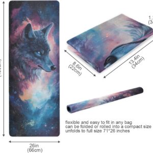 Galaxy Wolf Yoga Mat, 71 x 26 Inch Non-slip Yoga Mats Folding Travel Exercise Mat Indoor Outdoor Gym Pilates with Storage Bag for Women Men