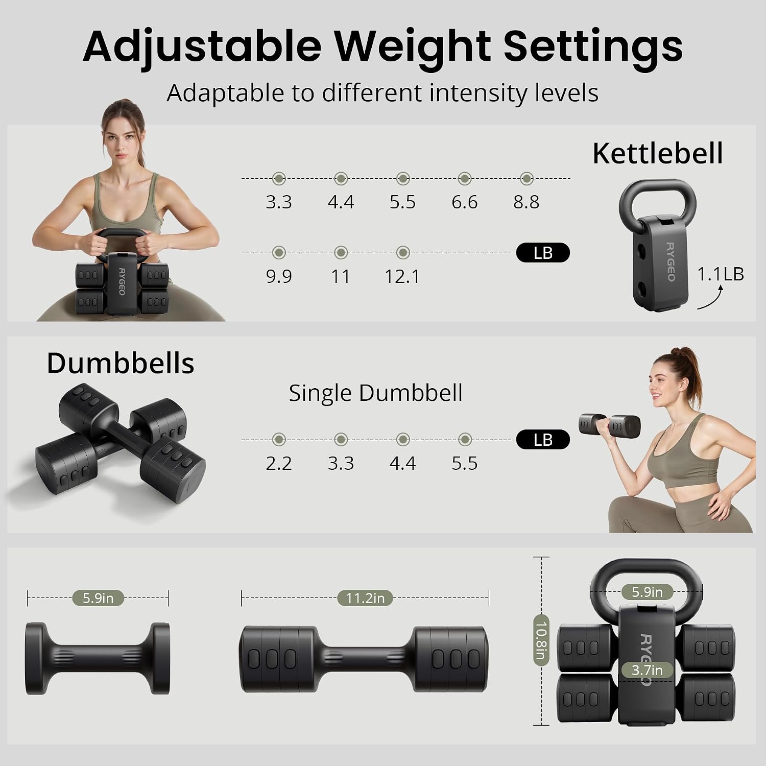 2-in-1 Adjustable Dumbbell Set for Women - 4 Levels (2.2lbs to 12.1lbs) - Home Gym Weights for Women at Home - Fitness Dumbbells - Image 4