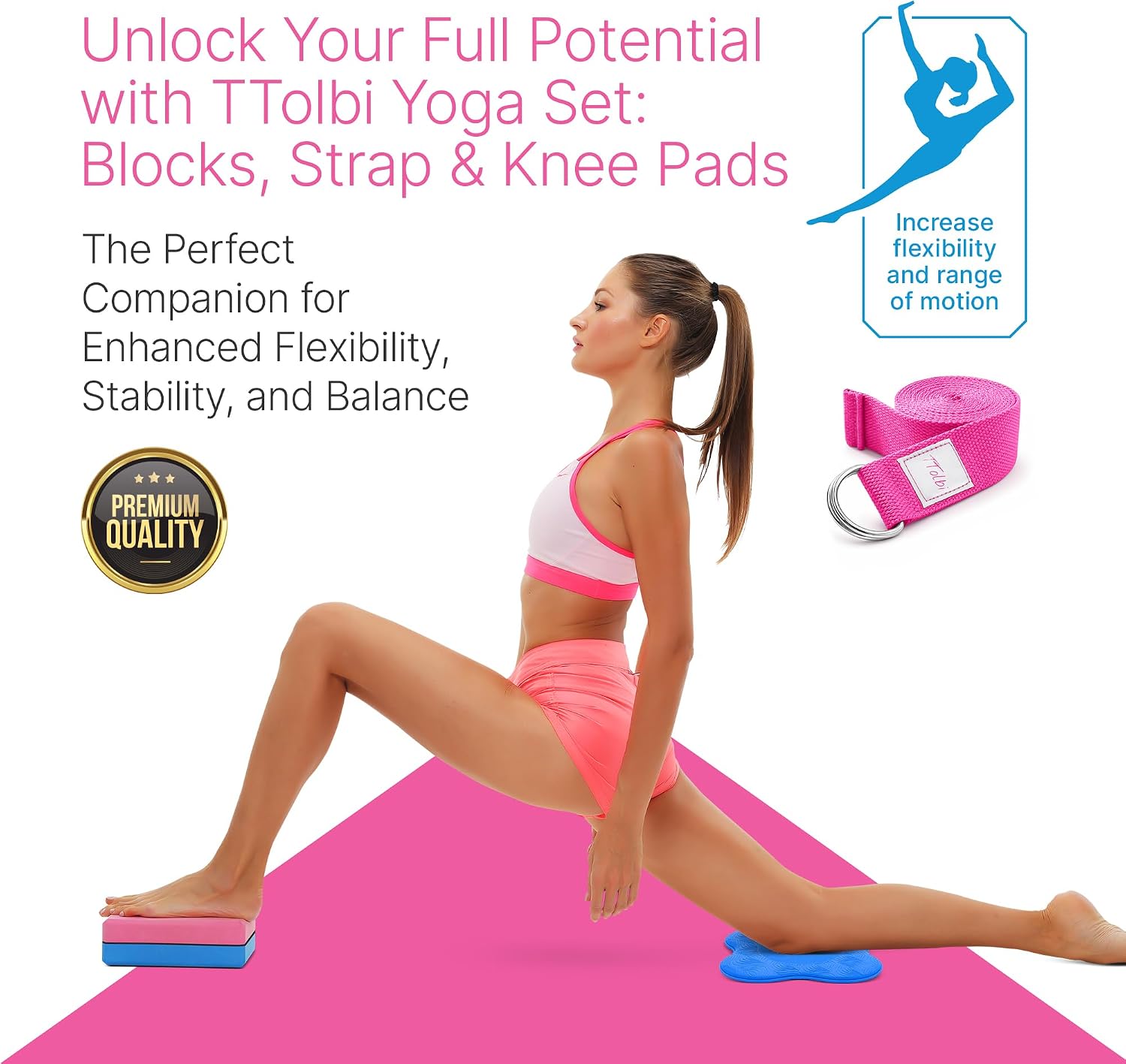 TTolbi Yoga Starter Kit - Yoga Blocks 2 Pack, Strap & 2 Knee Pad Cushions | Non-Slip EVA Foam Equipment for Stretching, Flexibility & Joint Comfort | Home Pilates Set for Beginners, Women & Men - Image 2