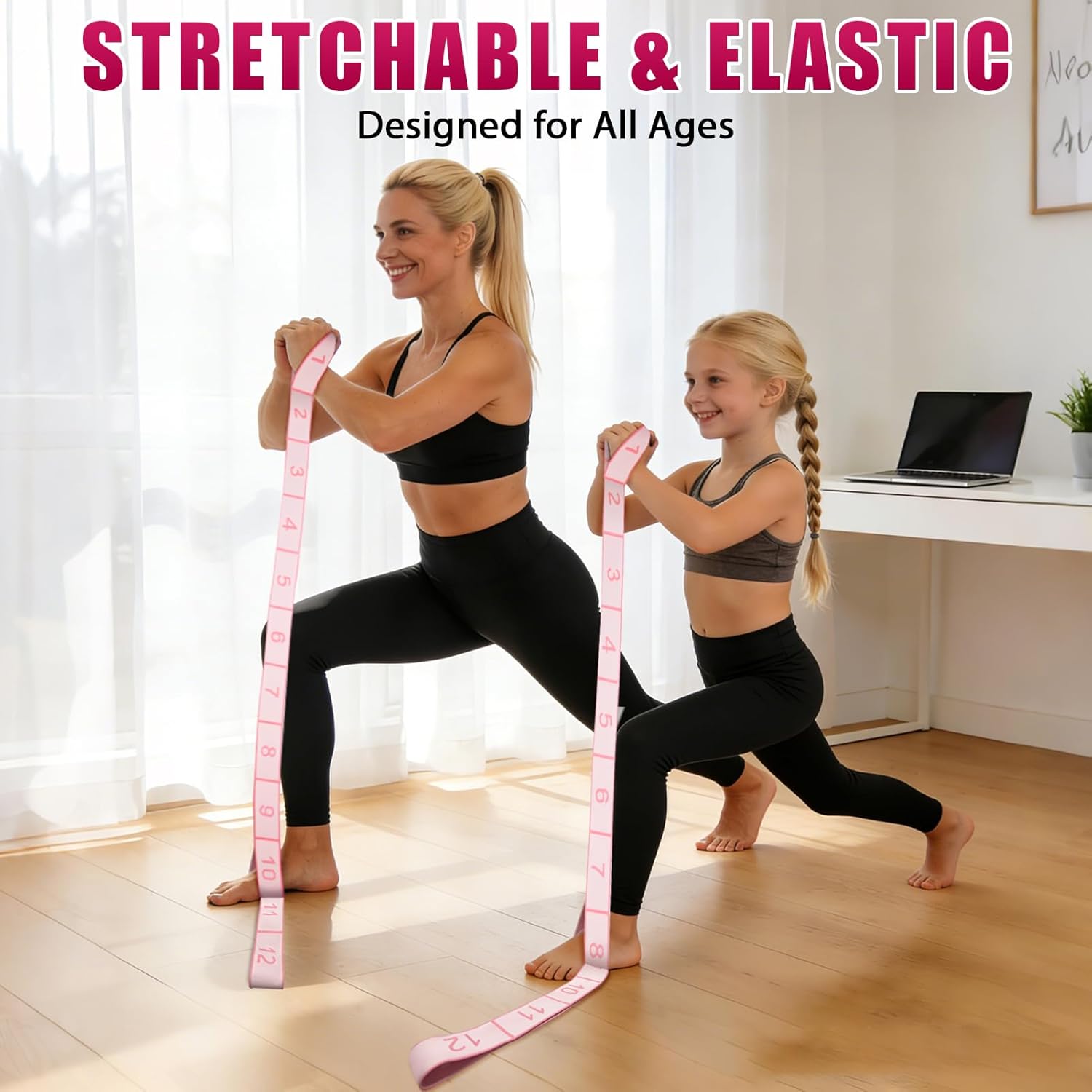 KUZARO Fitness Resistance Bands with 12 Loops, Numbered Resistance Bands for Physical Therapy, Women Stretch Strap for Home Gym, Elastic Exercise Bands for Yoga, Pilates, Leg Stretching, Dance - Image 5