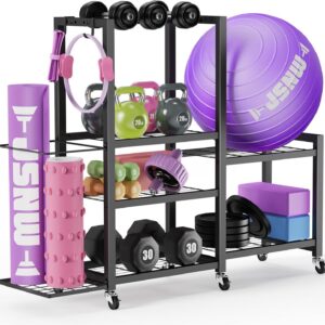 6-Tier Multi-Functional Home Gym Storage Rack with Wheels and Hooks, Adjustable Weight Rack for Dumbbells Kettlebells Yoga Mat and Balls, Space Saving Workout Equipment Storage Organizer