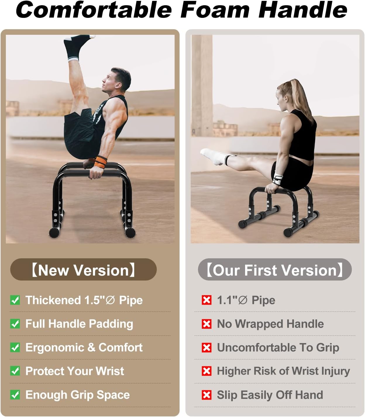 TABEKE Push Up Bar, 14'' High Steel Parallettes & Dip Bar with Full Coverage Foam Handle, Heavy-Duty Calisthenics Parallel Bars for L-Sit, Dips, Home Gym Strength Training Workout - Image 5