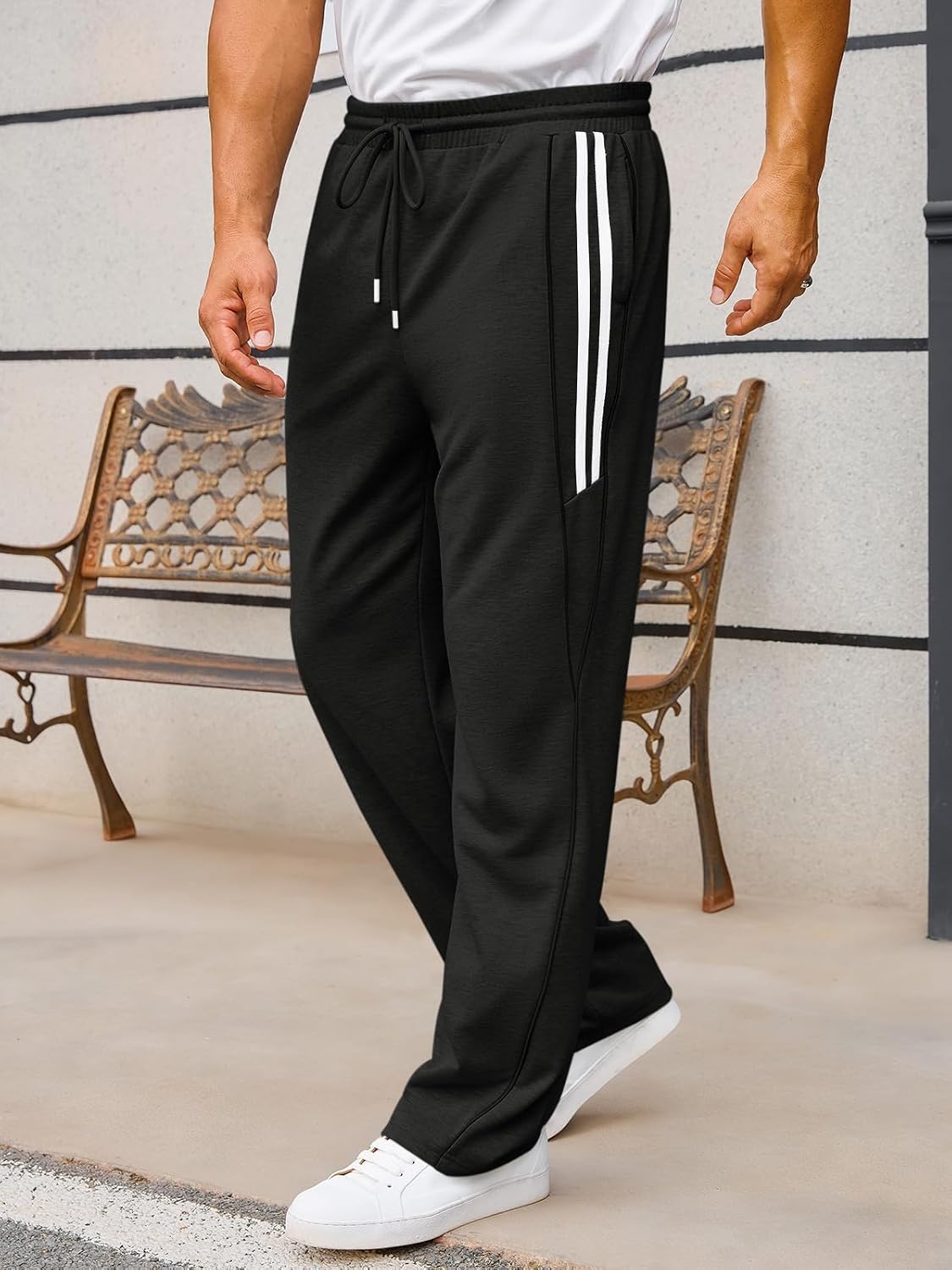 Runcati Mens Baggy Sweatpants Wide Leg Open Bottom Drawstring Elastic Waist Striped Trousers Workout Y2K Track Pants - Image 2