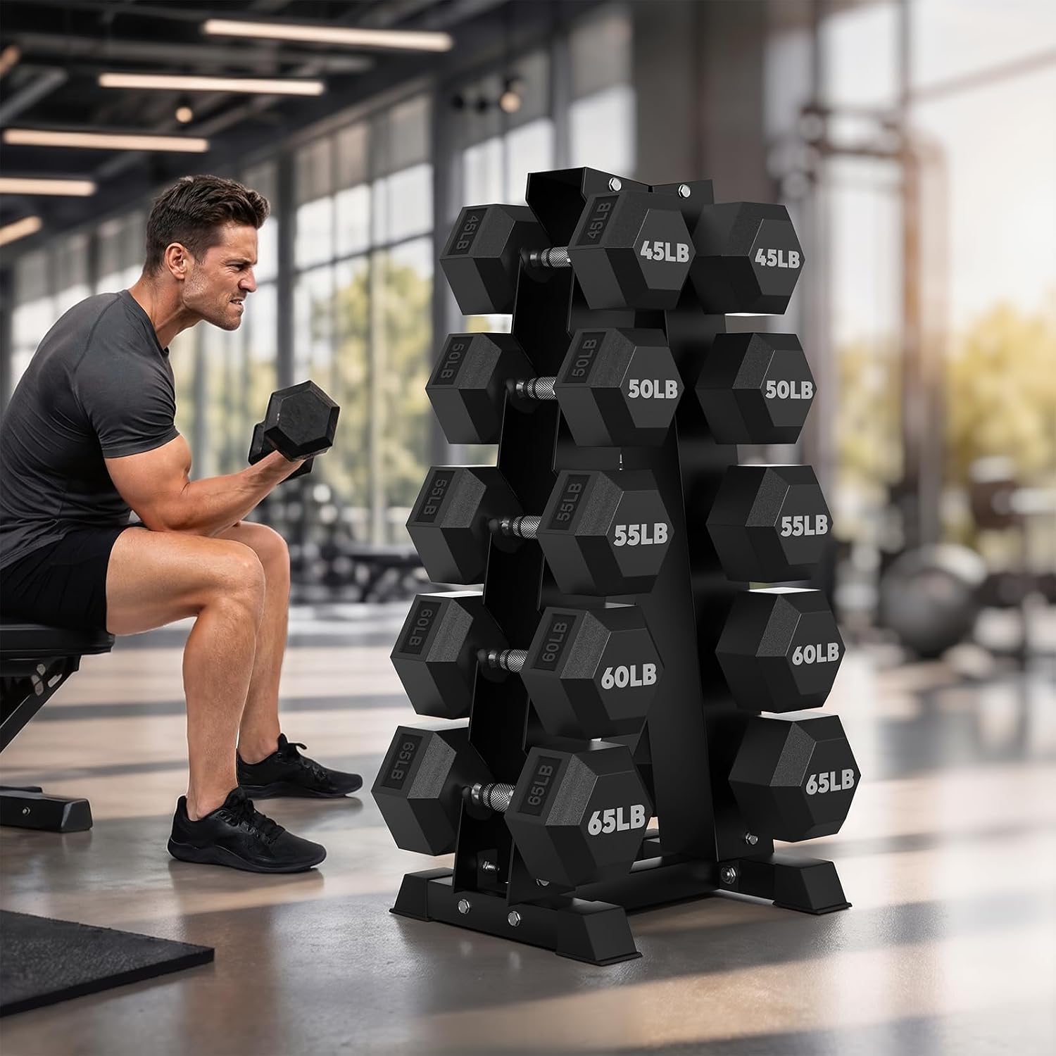 HANDBODE Rubber Coated Hex Dumbbell Set with A-Frame Rack, 100 lb - 600 lb Multiple Options Weight, Hexagon Non-Rolling Shape, Ergonomic Knurled Handle, Home Gym Equipment for Strength Training