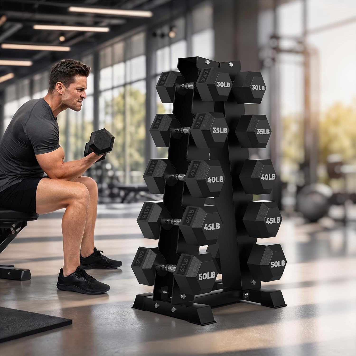HANDBODE Rubber Coated Hex Dumbbell Set with A-Frame Rack, 100 lb - 600 lb Multiple Options Weight, Hexagon Non-Rolling Shape, Ergonomic Knurled Handle, Home Gym Equipment for Strength Training