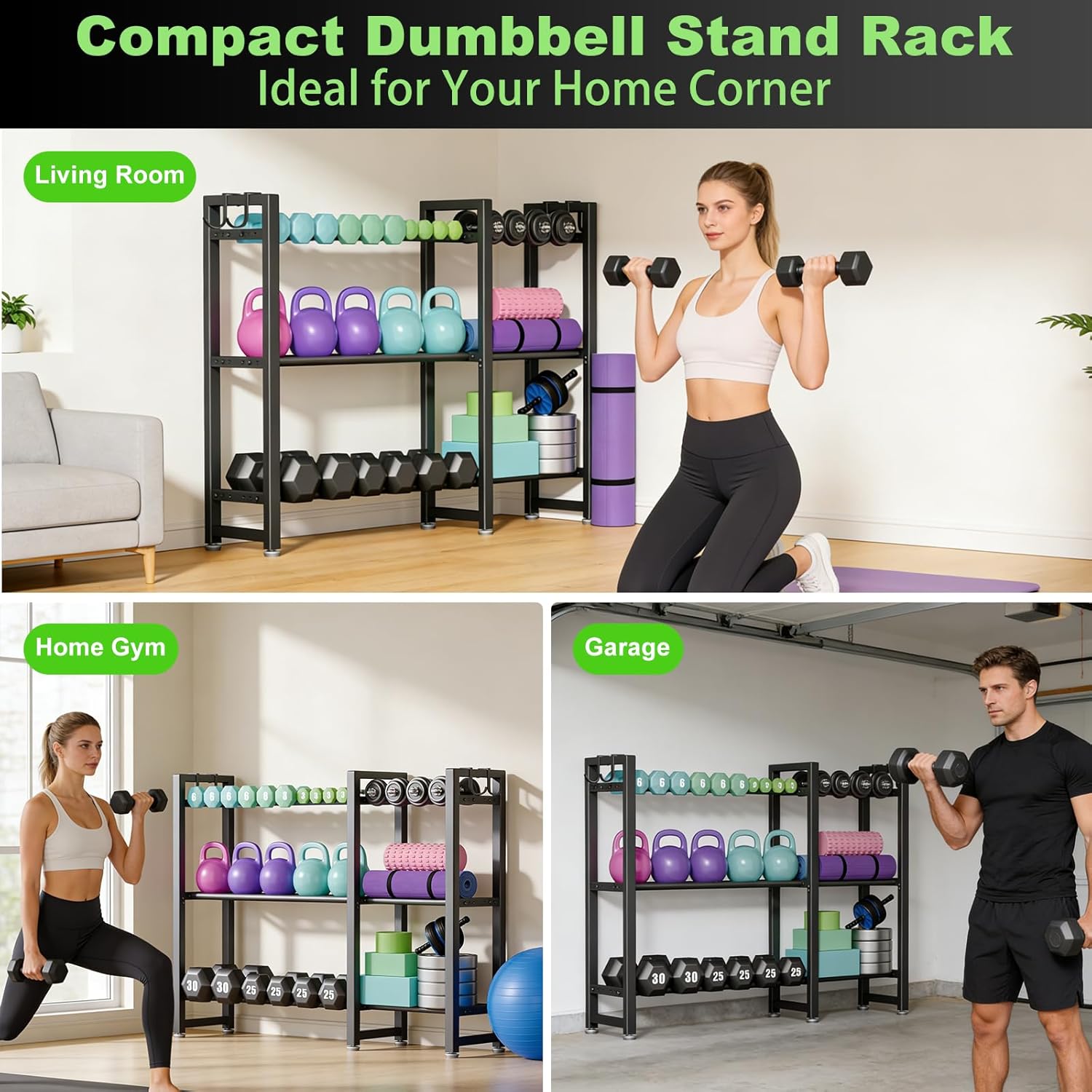 800LBS Capacity Multifunctional Home Gym Storage Rack with Side Hooks, Heavy Duty Adjustable Weight Storage Rack for Dumbbells Kettlebells Yoga Mat, Space Saving Workout Equipment Storage Organizer - Image 3