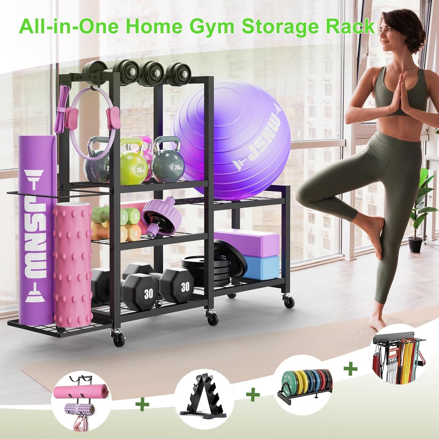 6-Tier Multi-Functional Home Gym Storage Rack with Wheels and Hooks, Adjustable Weight Rack for Dumbbells Kettlebells Yoga Mat and Balls, Space Saving Workout Equipment Storage Organizer - Image 7
