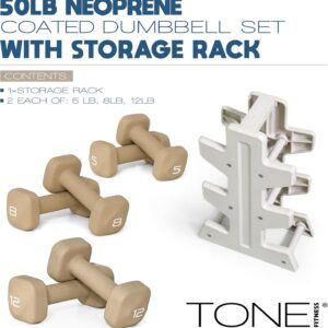 Tone Fitness Neoprene Dumbbell Set with Storage Rack – Non-Slip, Anti-Roll Hand Weights for Home Gym Workouts | 20 lb, 32 lb, 50 lb, 60 lb & 100 lb Options