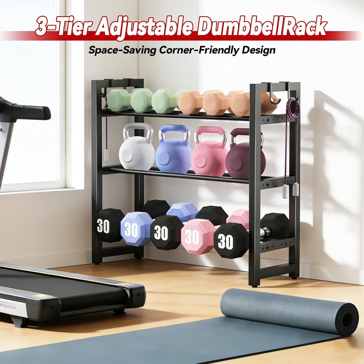 3-Tier Adjustable Dumbbell Rack, Heavy-Duty Weight Rack for Home Gym, Space-Saving Weight Storage Rack for Dumbbells, Kettlebells, Barbells & Plates (Rack Only) - Image 5