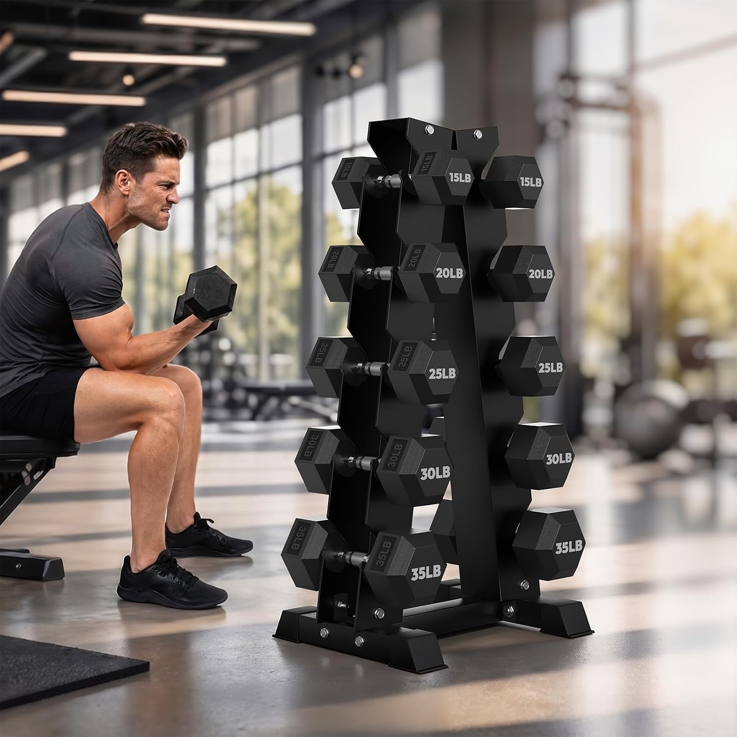HANDBODE Rubber Coated Hex Dumbbell Set with A-Frame Rack, 100 lb - 600 lb Multiple Options Weight, Hexagon Non-Rolling Shape, Ergonomic Knurled Handle, Home Gym Equipment for Strength Training