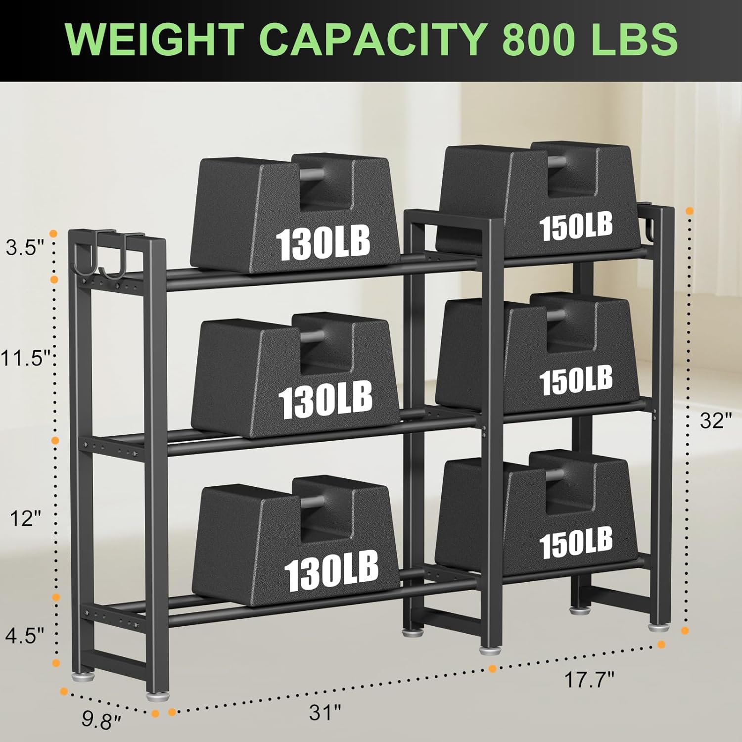 800LBS Capacity Multifunctional Home Gym Storage Rack with Side Hooks, Heavy Duty Adjustable Weight Storage Rack for Dumbbells Kettlebells Yoga Mat, Space Saving Workout Equipment Storage Organizer - Image 2