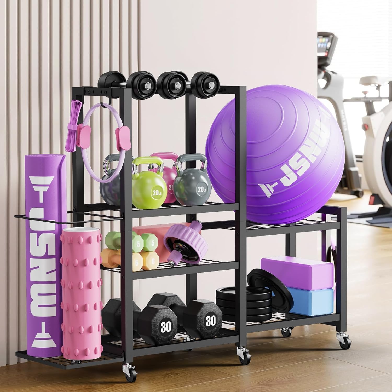 6-Tier Multi-Functional Home Gym Storage Rack with Wheels and Hooks, Adjustable Weight Rack for Dumbbells Kettlebells Yoga Mat and Balls, Space Saving Workout Equipment Storage Organizer - Image 2
