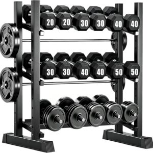 3-Tier Adjustable Dumbbell Rack, Heavy-Duty Weight Rack for Home Gym, Space-Saving Weight Storage Rack for Dumbbells, Kettlebells, Barbells & Plates (Rack Only)
