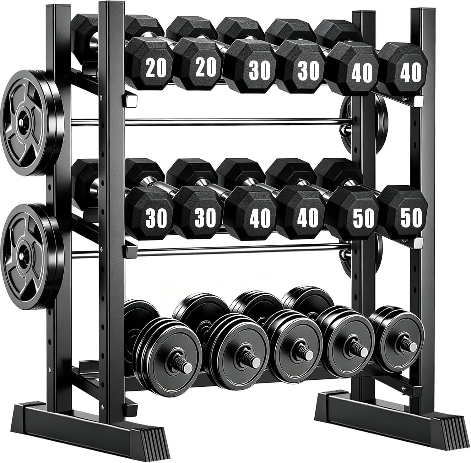 3-Tier Adjustable Dumbbell Rack, Heavy-Duty Weight Rack for Home Gym, Space-Saving Weight Storage Rack for Dumbbells, Kettlebells, Barbells & Plates (Rack Only)