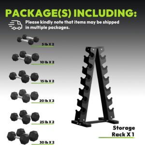HANDBODE Rubber Coated Hex Dumbbell Set with A-Frame Rack, 100 lb – 600 lb Multiple Options Weight, Hexagon Non-Rolling Shape, Ergonomic Knurled Handle, Home Gym Equipment for Strength Training