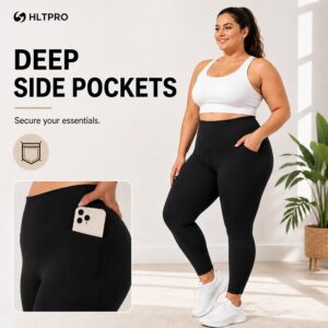 HLTPRO 3 Pack Plus Size Leggings with Pockets for Women – Black High Waisted Tummy Control Soft Yoga Pants for Gym Workout