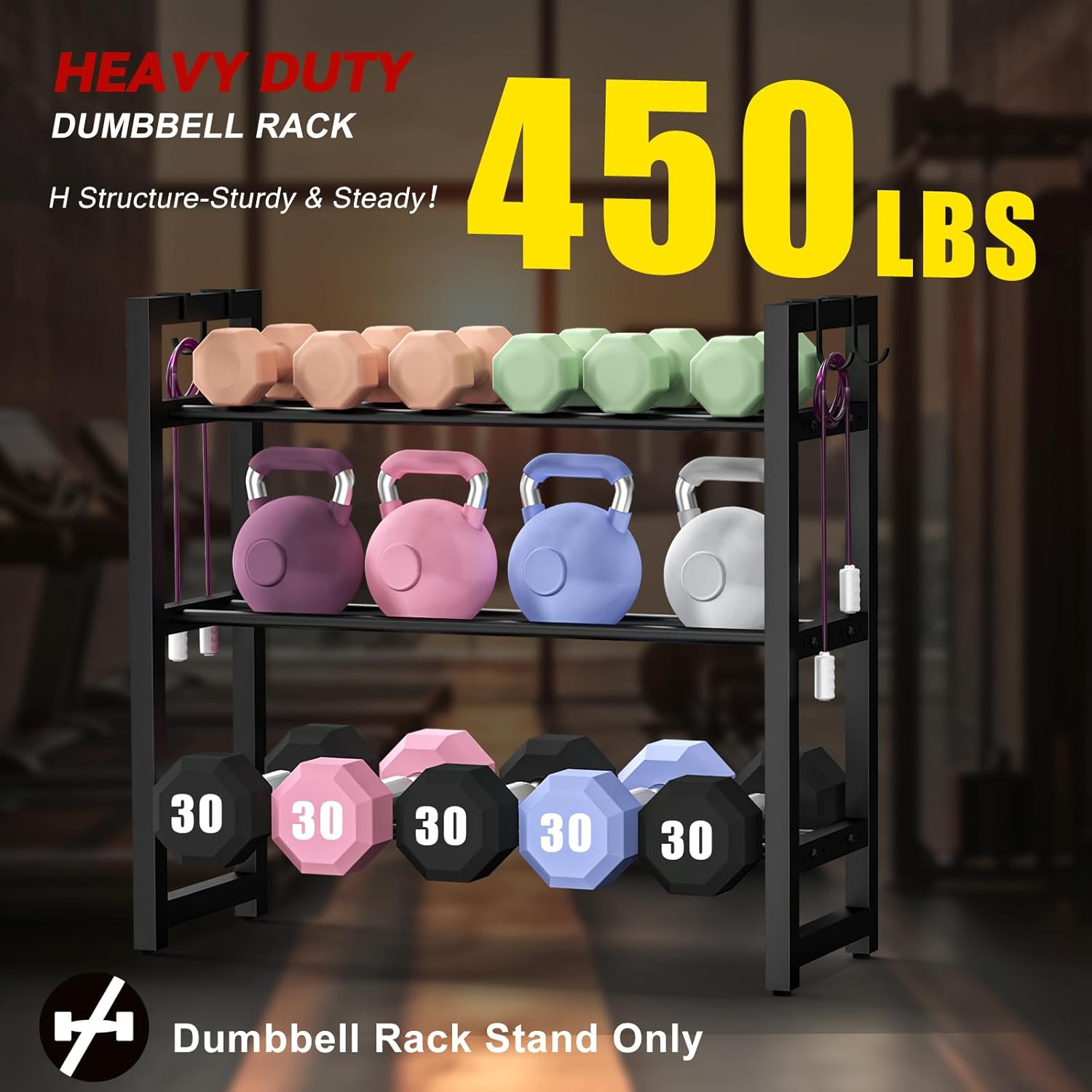 3-Tier Adjustable Dumbbell Rack, Heavy-Duty Weight Rack for Home Gym, Space-Saving Weight Storage Rack for Dumbbells, Kettlebells, Barbells & Plates (Rack Only) - Image 2