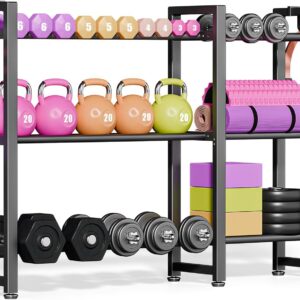 800LBS Capacity Multifunctional Home Gym Storage Rack with Side Hooks, Heavy Duty Adjustable Weight Storage Rack for Dumbbells Kettlebells Yoga Mat, Space Saving Workout Equipment Storage Organizer