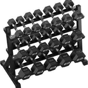 HANDBODE Hex Dumbbell Set with Rack, 350-690 lb, Non-Slip Rubber Grip Handles, Rubber Coated Fixed Weights, Heavy Duty Storage Stand, Hexagon Shape, Multiple Weight Options for Home Gym Strength Training