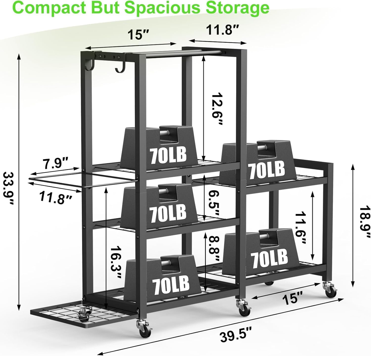 6-Tier Multi-Functional Home Gym Storage Rack with Wheels and Hooks, Adjustable Weight Rack for Dumbbells Kettlebells Yoga Mat and Balls, Space Saving Workout Equipment Storage Organizer - Image 5