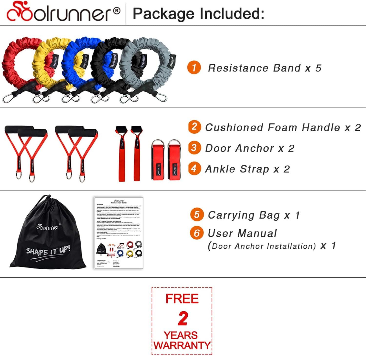 Coolrunner 14 PCS Resistance Bands Set, Exercise Tubes, 20lbs to 40lbs Workout Bands with Handles Protective Nylon Sleeves Door Anchor Ankle Strap, Elastic Exercise Bands for Men Women - up to 150lbs - Image 2