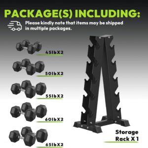 HANDBODE Rubber Coated Hex Dumbbell Set with A-Frame Rack, 100 lb – 600 lb Multiple Options Weight, Hexagon Non-Rolling Shape, Ergonomic Knurled Handle, Home Gym Equipment for Strength Training