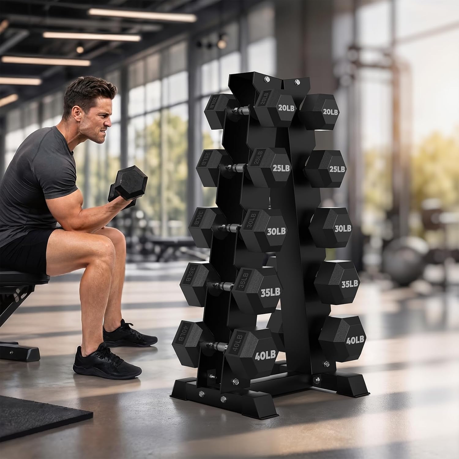 HANDBODE Rubber Coated Hex Dumbbell Set with A-Frame Rack, 100 lb - 600 lb Multiple Options Weight, Hexagon Non-Rolling Shape, Ergonomic Knurled Handle, Home Gym Equipment for Strength Training
