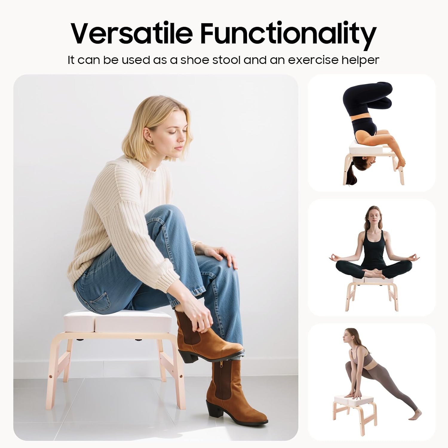 Yoga Headstand Bench with T-Block, Inversion Stool for Headstands Handstands, 440lbs Capacity Wood & PU Yoga Invert Chair for Balance Flexibility Training, Home Gym Equipment for Beginners, White - Image 6