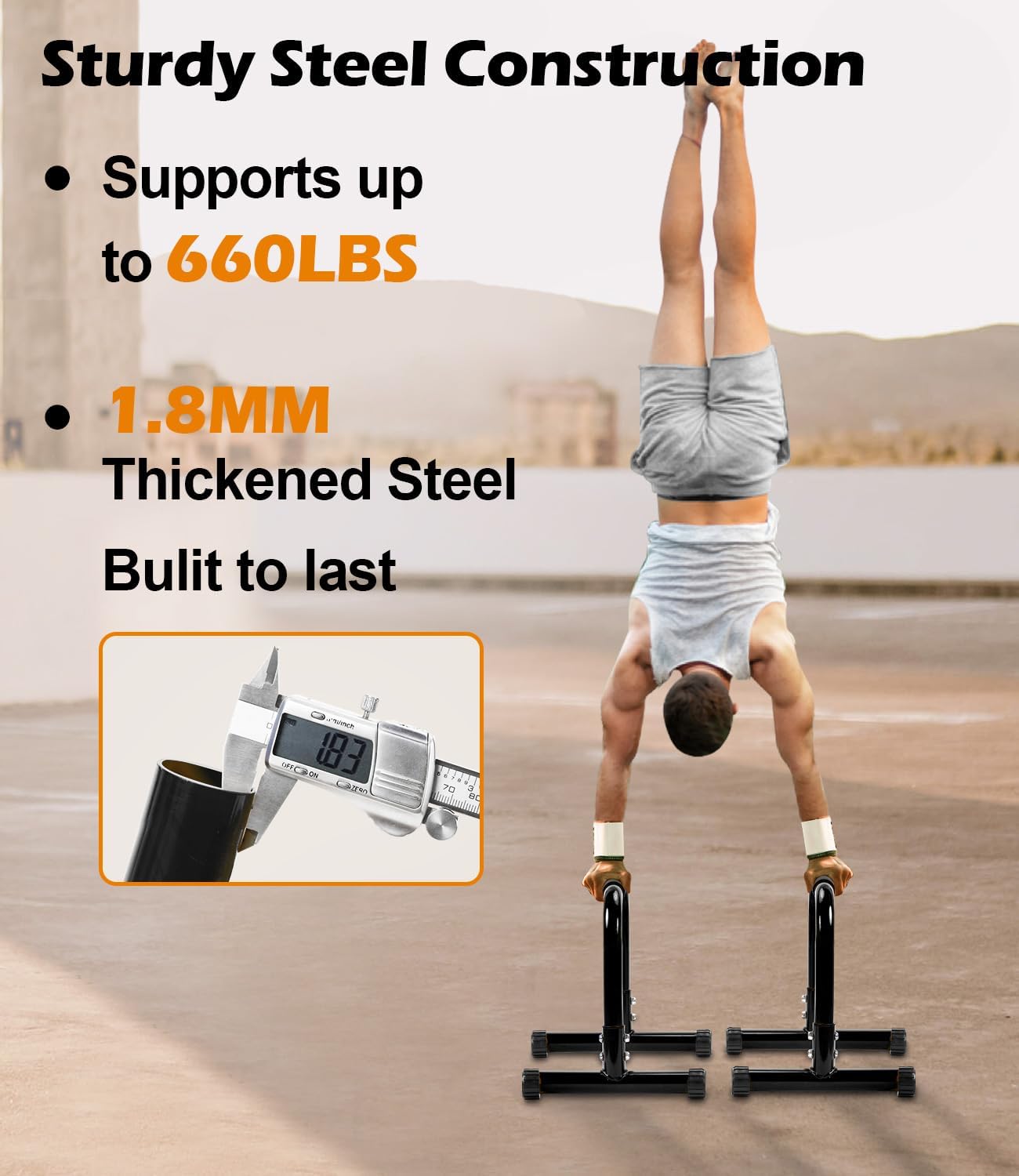 TABEKE Push Up Bar, 14'' High Steel Parallettes & Dip Bar with Full Coverage Foam Handle, Heavy-Duty Calisthenics Parallel Bars for L-Sit, Dips, Home Gym Strength Training Workout - Image 2