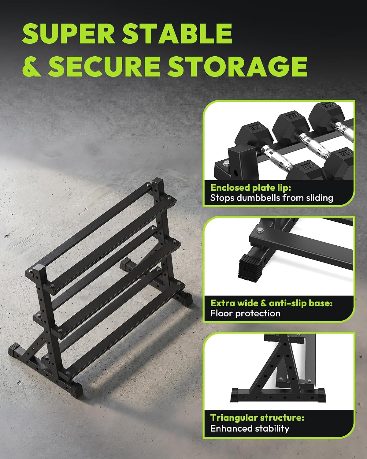 HANDBODE 3-Tier Dumbbell Rack Stand, 1000LB Capacity Storage Rack, Weight Rack for Dumbbells, Kettlebell, 390–790 lb Rubber Coated Fixed Weight Sets, Home Gym Strength Training Equipment - Image 6