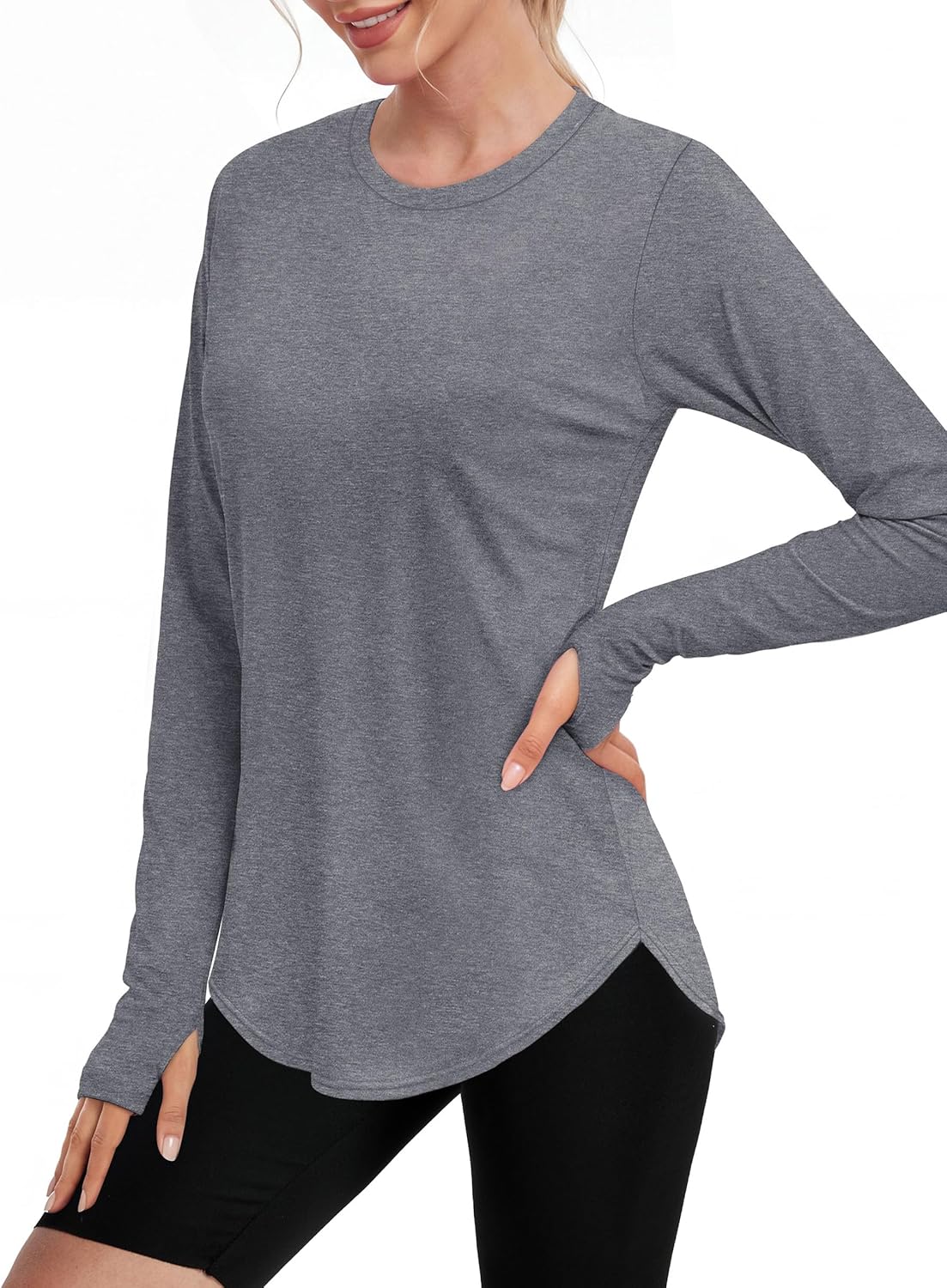 NIASHOT Workout Tops for Women Crewneck Long Sleeve Shirts with Thumb Holes UPF 50+ Sun Shirts for Hiking Running Gym Clothes - Image 2