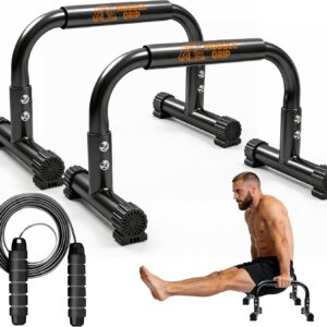 Push Up Bars Parallettes, 10” Heavy-Duty Steel Dip Bars with Non-Slip Foam Handles, Calisthenics Equipment for Handstands, L-Sit & Dips, Home Gym Workout Set with Jump Rope