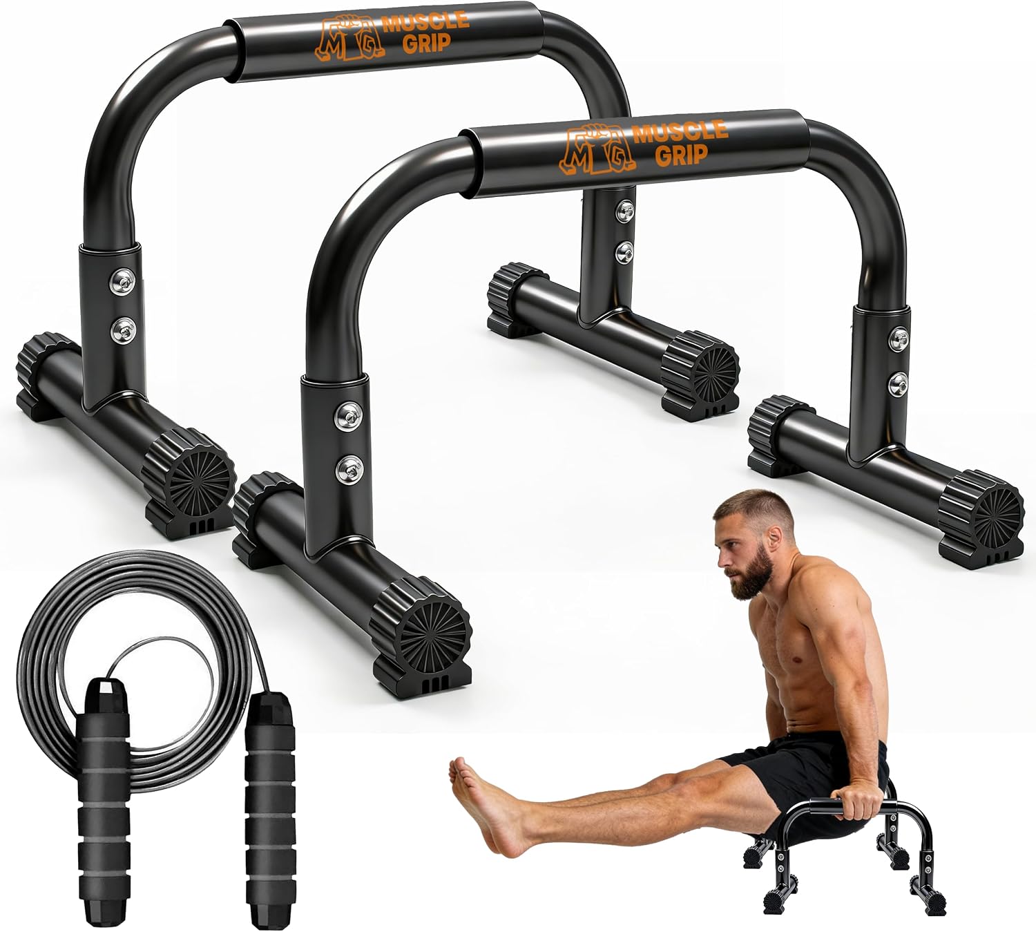 Push Up Bars Parallettes, 10โ Heavy-Duty Steel Dip Bars with Non-Slip Foam Handles, Calisthenics Equipment for Handstands, L-Sit & Dips, Home Gym Workout Set with Jump Rope