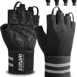 SIMARI Workout Gym Gloves for Men Women, Weight Lifting Gloves with Wrist Wrap Support, SBR Pad Grip for Full Palm Protection, for Exercise, Fitness, Dumbbells, Barbell, Climbing, Fingerless